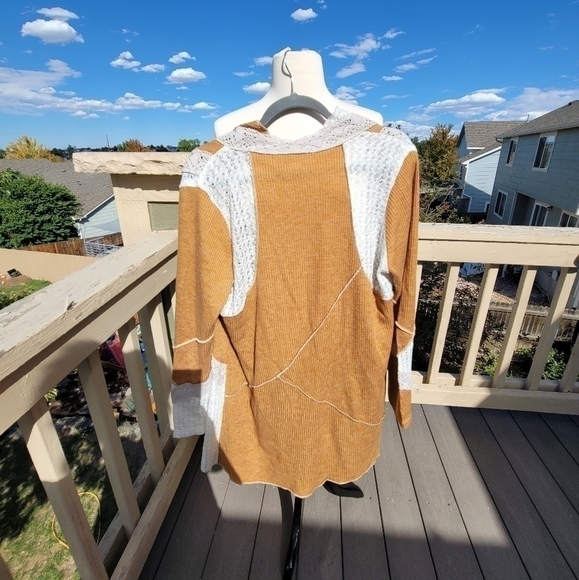 NICK & MO GOLDEN MUSTARD YELLOW RIBBED CARDIGAN W LACE & CROCHET LACE, sz M/L - Picture 7 of 16